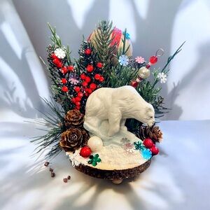 Kitschy Polar Bear Christmas Decor Assemblage 6” Vintage Ornament Sequin OOAK